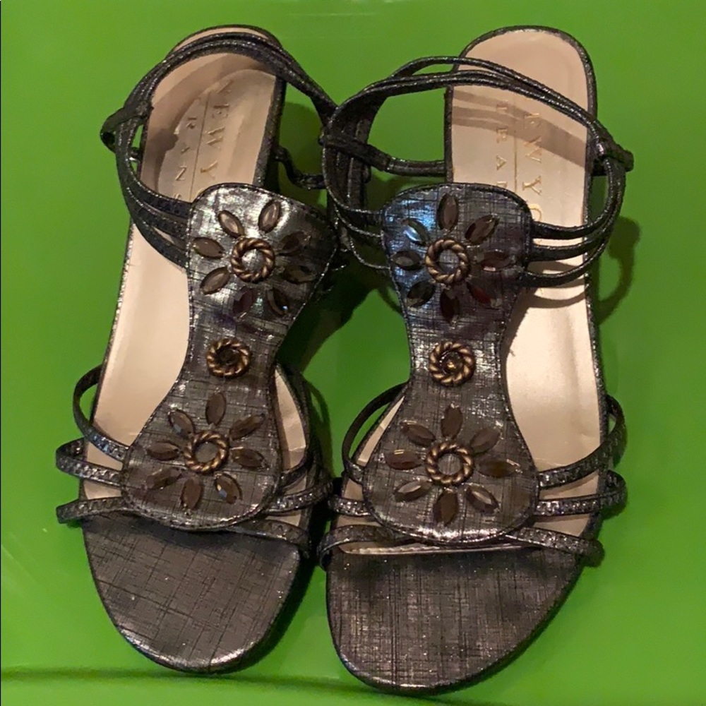 Charcoal metallic jeweled wedge sandal